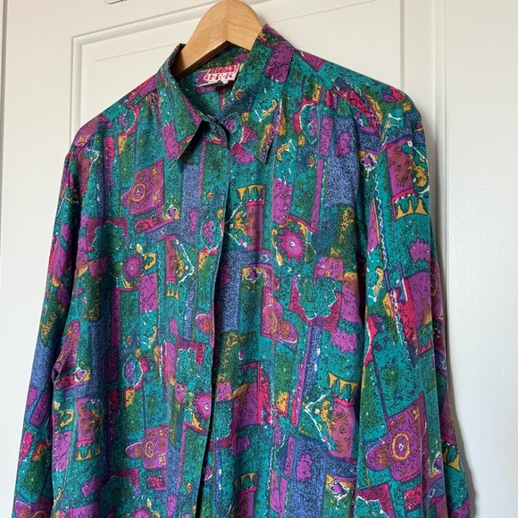 Vintage HER 90s Pattern 100% Silk Button down Shirt, size XL - Picture 2 of 7